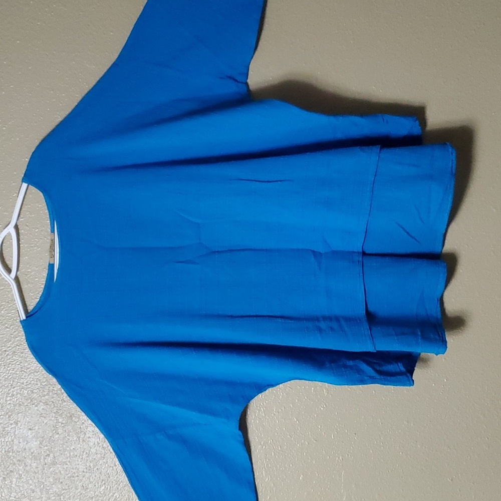Ezze Wear 2X Blouse Turquoise Lagenlook Boxy Cotton Windowpane Dolman Sleeves
